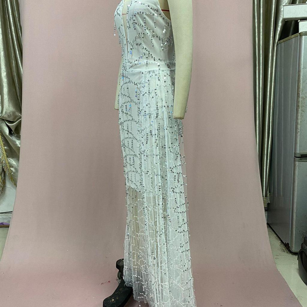 2026 Summer Gorgeous Women's Dress: Strappy, Sexy V-Neck with Silver Foil and Dazzling Sequins for Evening Glamour