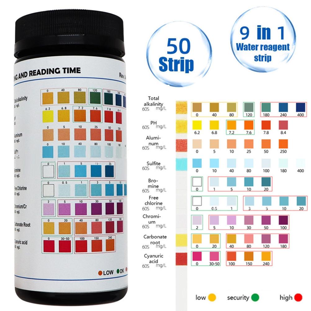 9 in 1 Portable Pool Water Test Strips 50 Domestic Water Purity Fast Test Strips for Drinking