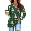 Women's Fashionable Loose-Fit V-Neck Long-Sleeved T-Shirt Christmas Print Pullover