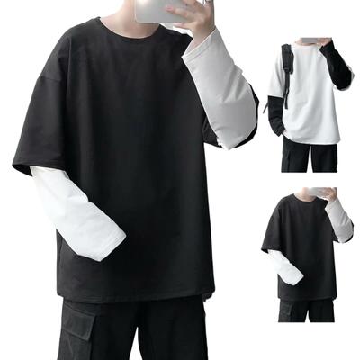 Pull à manches longues colorblock pour homme, ample, manches longues, t-shirt de base