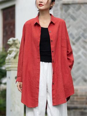 Camisas de longitud media de Primavera de Color sólido para mujer, blusas informales de ramio con botones de Color vuelto, blusas para mujer