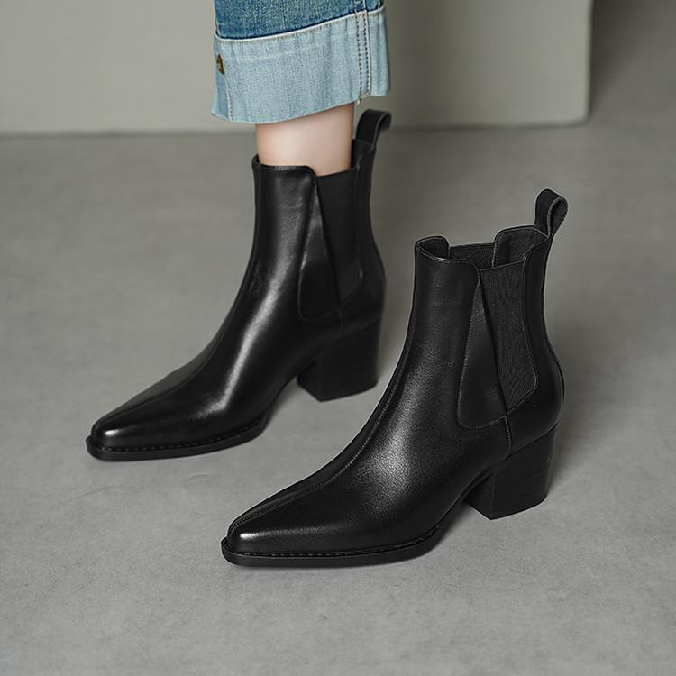 French pointed retro thick heel short boots women's 2025 autumn and winter cowhide high heel Chelsea boots versatile and thin Martin boots