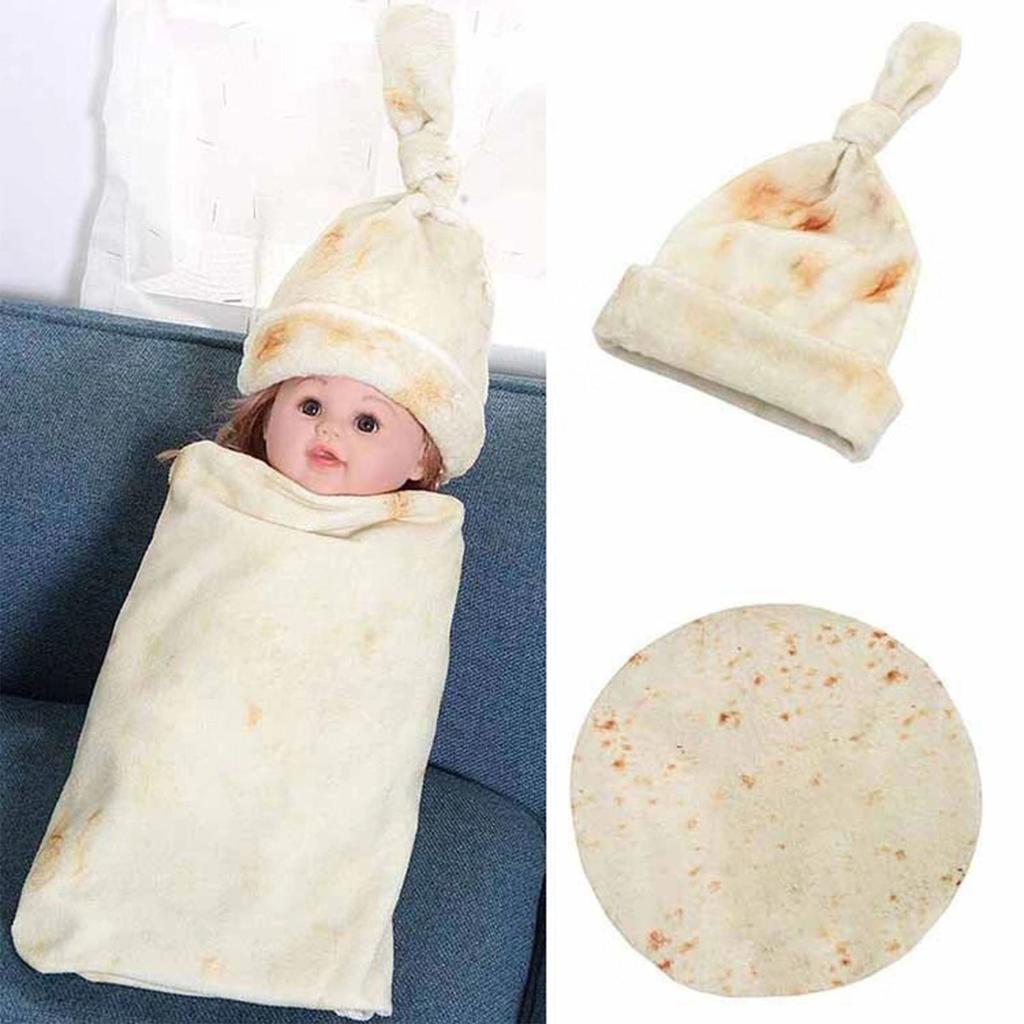 Baby Wrap Blanket Soft Acetate Fibre Round Shape Newborn Swaddle Blanket with Hat Light Beige