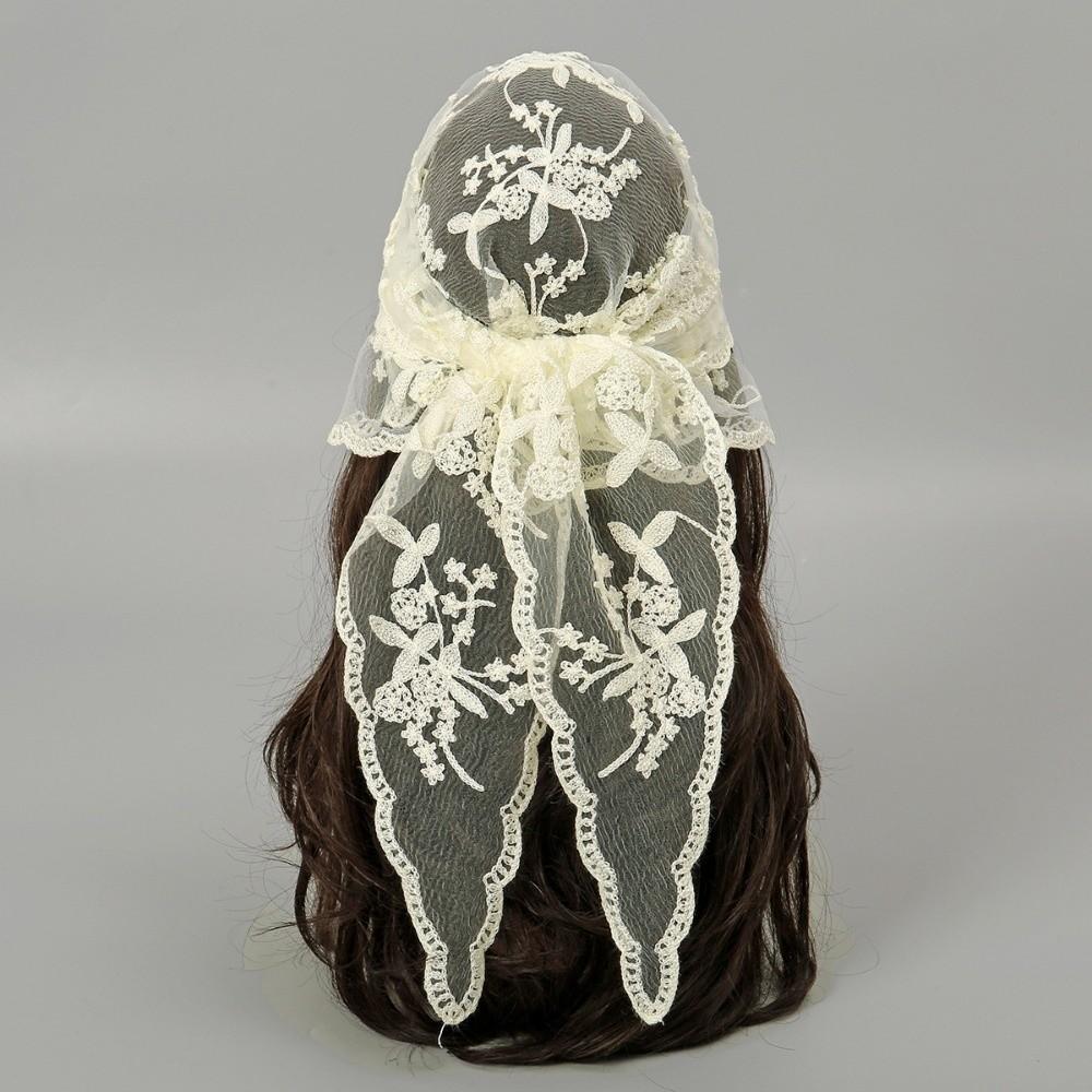 Vintage Crochet Head Scarf Elegant Lace Triangle Scarf Fashion Embroidered Flower Scarf  Church Beige A