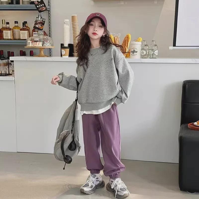 2024 Girls' Stylish Two-Piece Suit: Casual Sweatshirt & Sports Pants for Big Kids