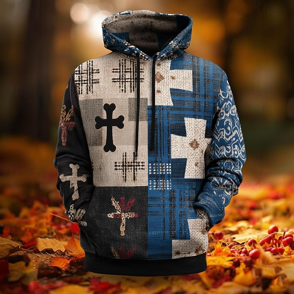 Men's American US Flag Cross Hoodie Sweatshirt Fashion Plaid Crew Neck Outdoor Office Streetwear Red Blue Drawstring Graphic Fall Winter Designer