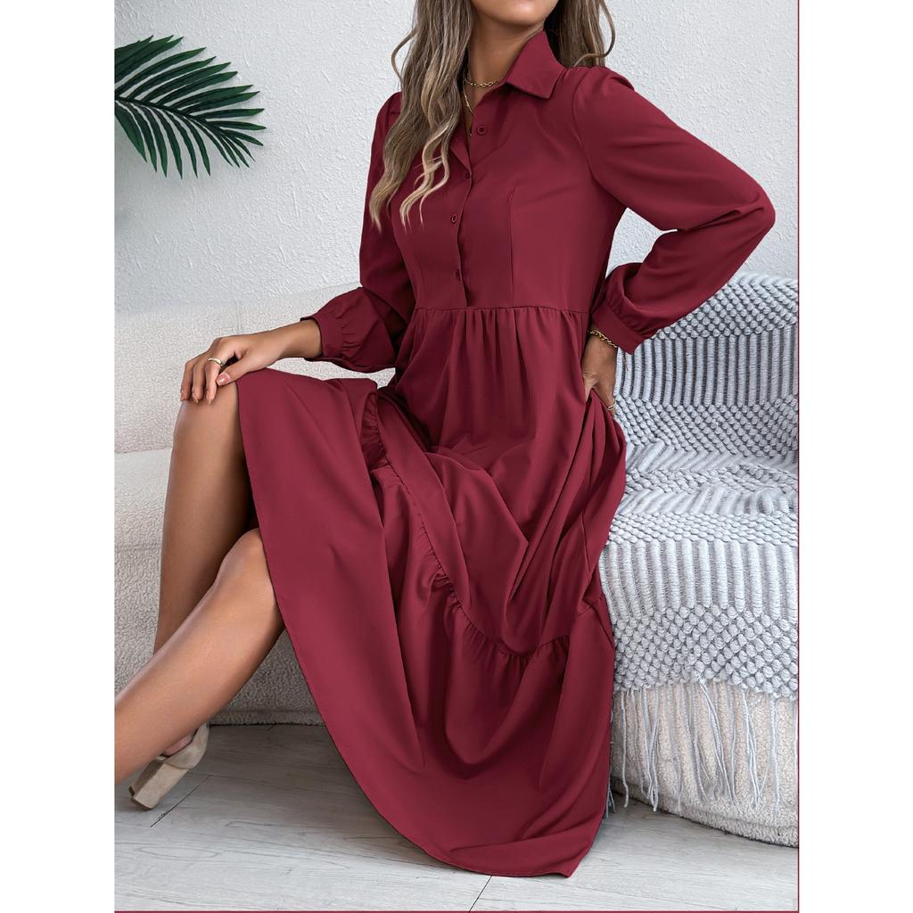 GMXIA Autumn and Winter Lapel Casual Loose Long-sleeved Ruffled Shirt Dress for Women