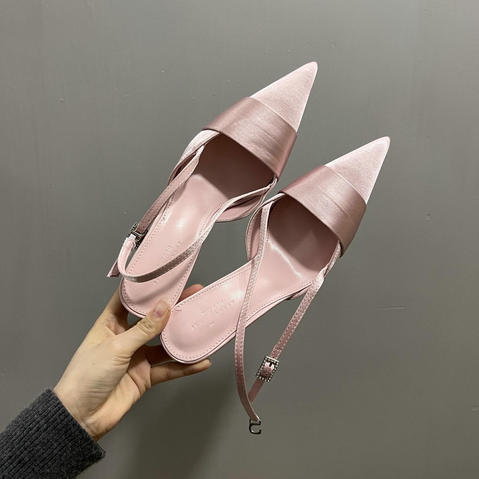 

Fashion Pointed Europe And The United States Fine Heels Pink Satin High Heels Baotou Shoes Women New 2025 Spring Mary Jane Half Sandals 40