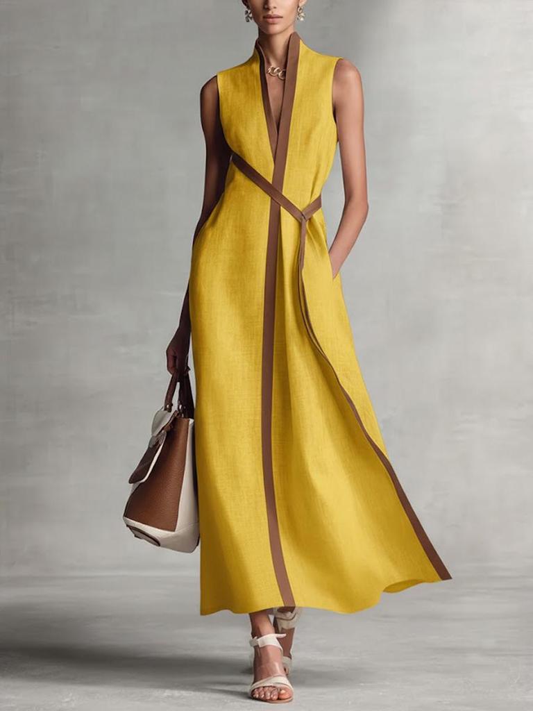 Color Block Sleeveless Belted Dress - 2026 European & American Fashion