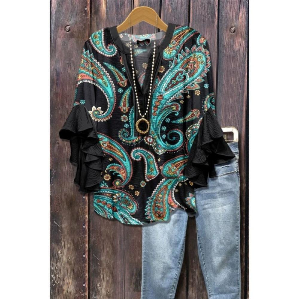 Large Women's Bohemian V-neck Shirt with Ruffle Sleeves, Grey Brown Floral Print Top, Casual Breathable Machine Washable Pullover