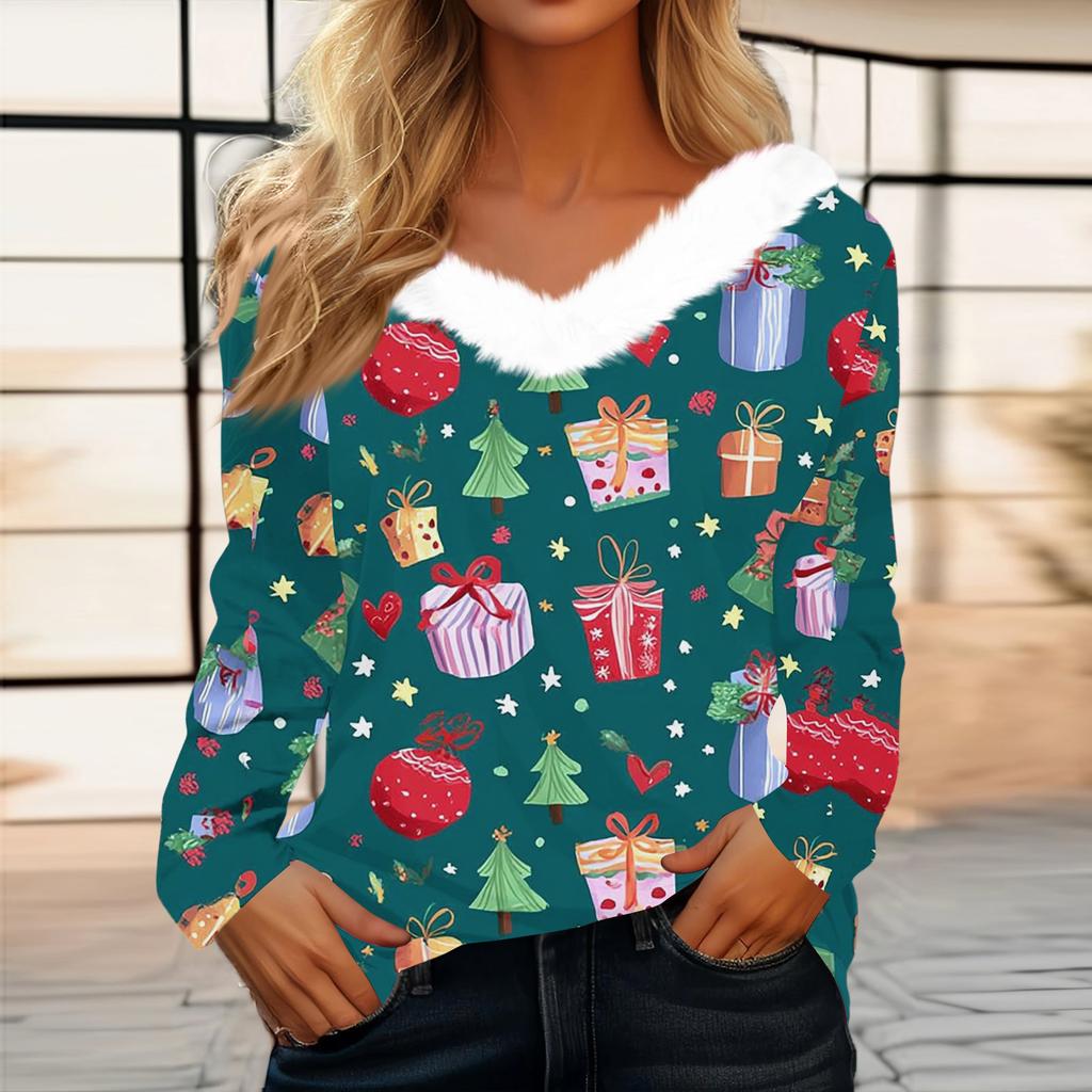 Women's Fashion Long Sleeve Christmas V-Neck Printed Party Furry Top