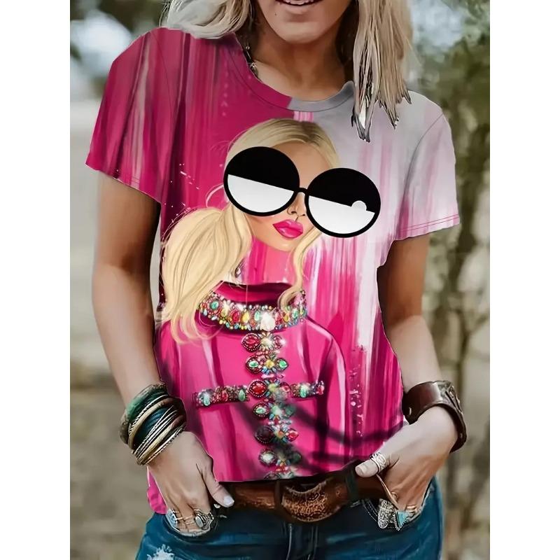 Módní Trendy Značkový Temperament Všestranný Dojíždění Tištěný Vzor Dámské Tričko s Krátkým Rukávem a Kulatým Výstřihem