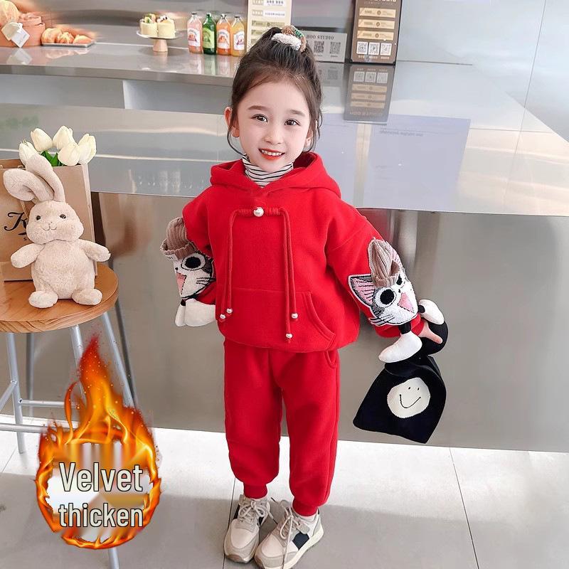 Trendy Girls' Cartoon Sweatshirt and Pants Set - Casual and Sporty Two-Piece Outfit