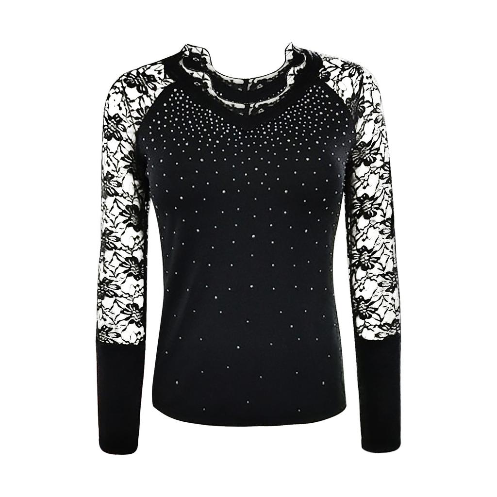 Women's Fashion Sexy Lace Hot Drilling Long Sleeve Solid Color Pullover Tops