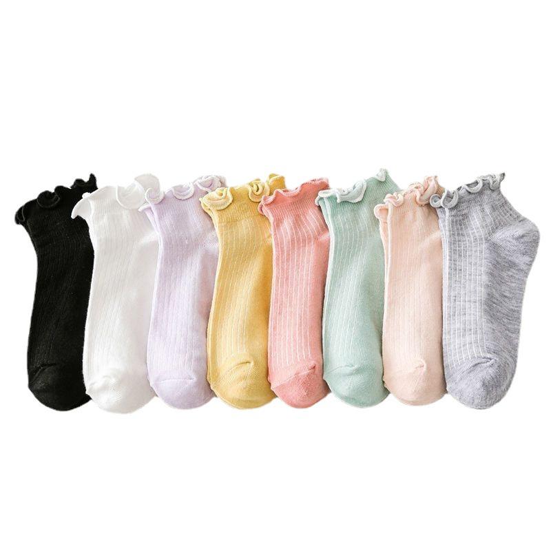 Women's Solid Color Wooden Ear Edge Cotton Short Socks - Trendy, Cute, Casual Lace Boat Socks