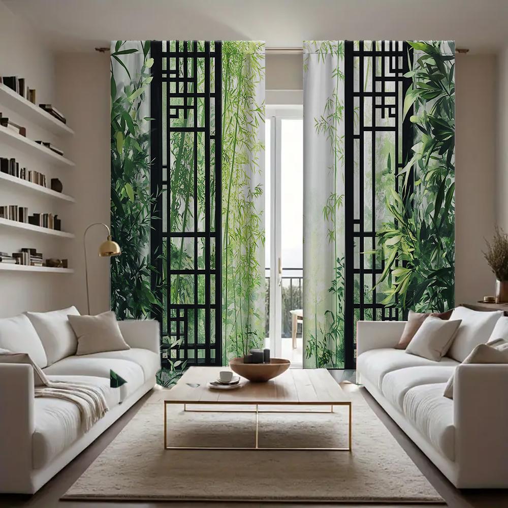 2PC Home Window bamboo forest Curtains With Landscape Background And Pole Pocket Curtains, Kitchen, Coffee Shop, Living Room, Ba