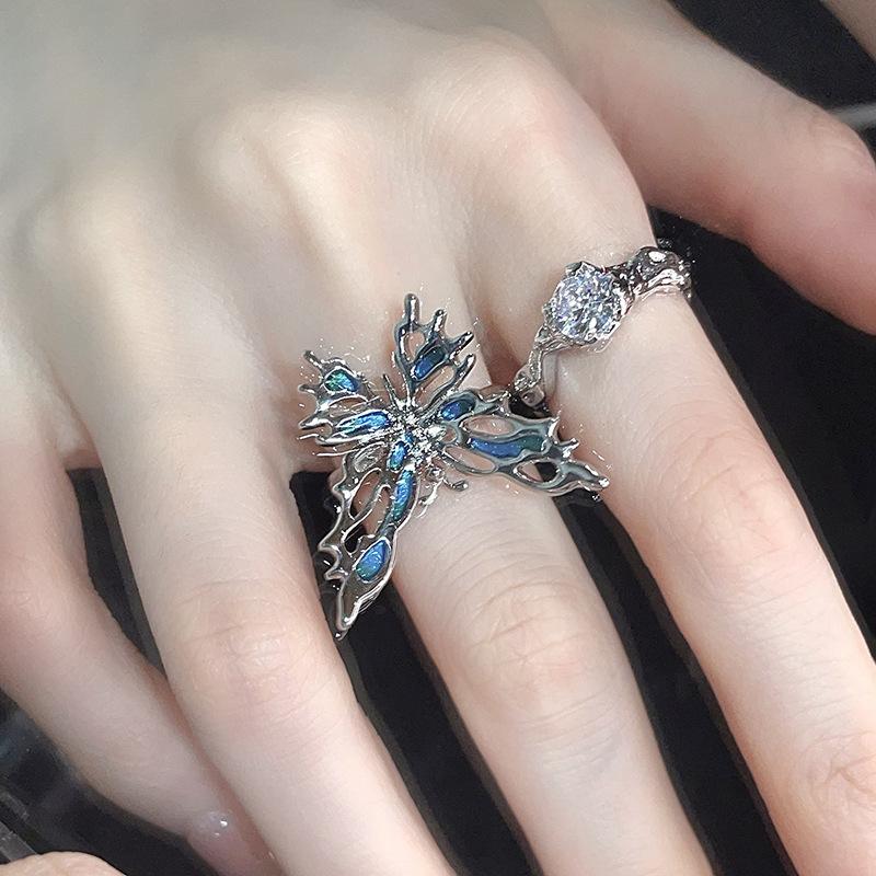 French Blue Butterfly Ring Women'S Opening Adjustable Trendy Cool Personality Niche Design High-End Ring