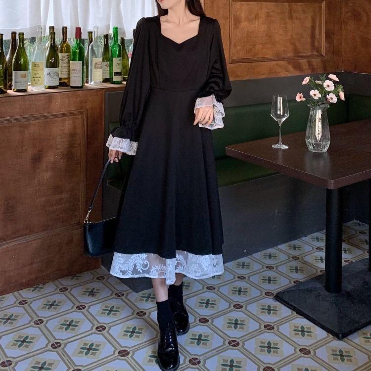 Spring and Autumn new female Internet celebrities fried street bow waist lace bubble sleeve dress dress princess dress S чёрный