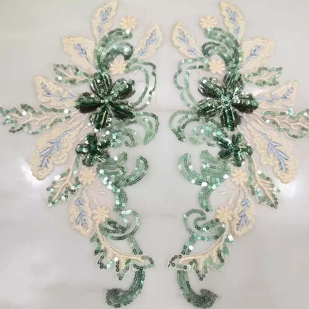 1 Pair Blue Green Flower Sequins Embroidered Patches Wedding Appliques DIY Sew Patch Dress Decoration