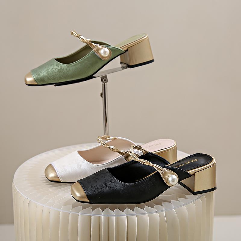 Elegant Chinese Style Women's Mid Heel Slip-On Shoes Summer Soft Fairy Outerwear Mary Jane Flat Sandals Silk Upper Rubber Sole