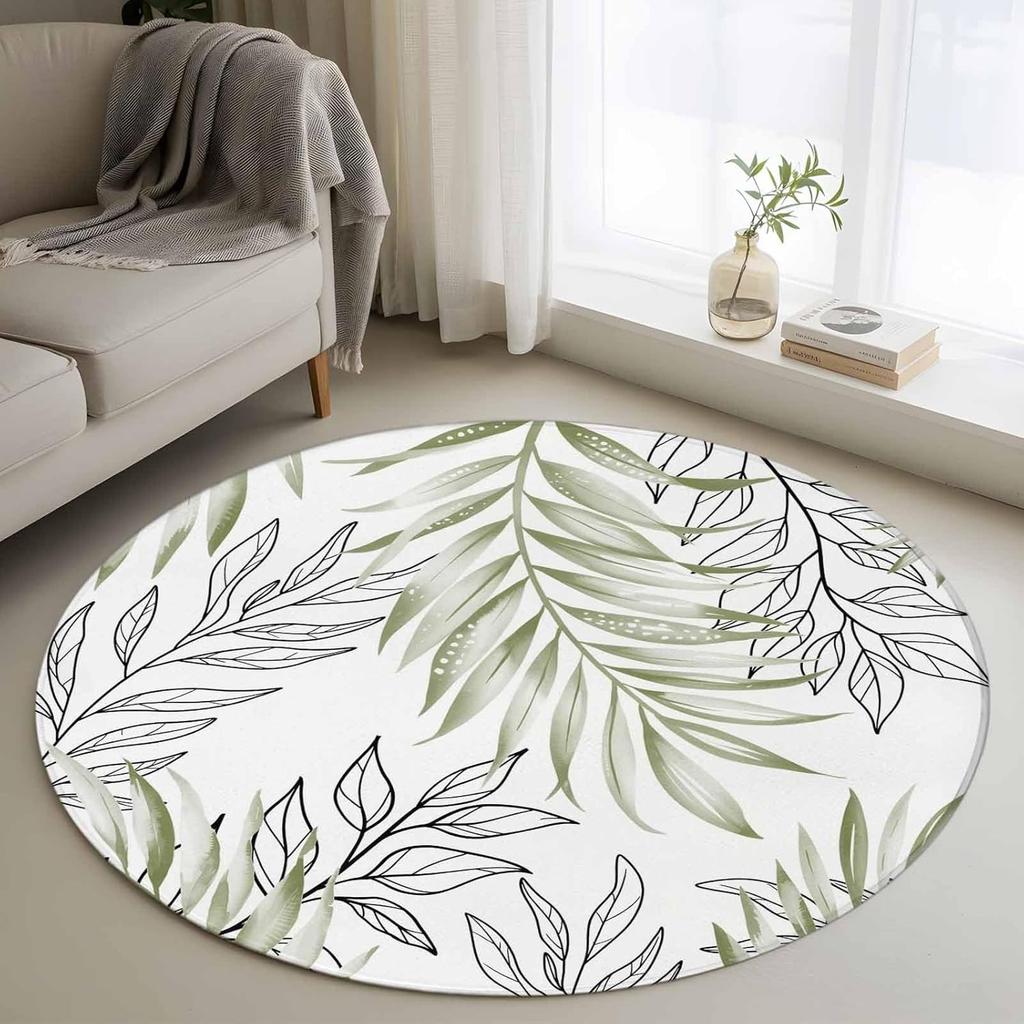 Nordic Leaf Print Round Rug Tropical Palm Leaf Modern Home Decor Non-Slip Carpet Minimalist Geometric Line Living Room Decor Mat