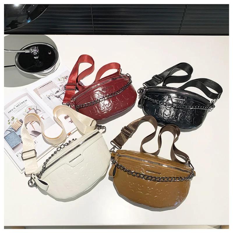 Western Style PU Chain New Product Solid Zipper Fashionable Chest Soft Versatile Simple Crossbody Bag