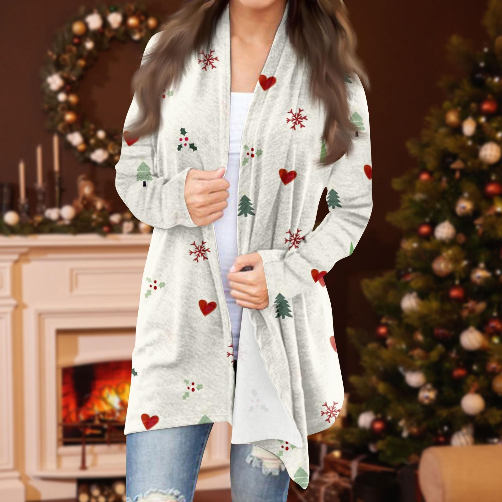 

Женская модная повседневная куртка-кардиган средней длины с рождественским принтом M белый