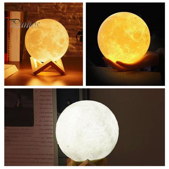 Lampă pentru lună cu bază din lemn Design cu 16 culori RGB Senzor tactil reîncărcabilă 3D Lumină de noapte cu lună Decor dormitor