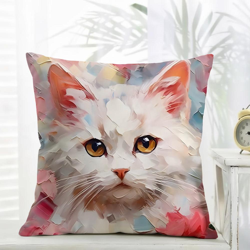 Cute Oil Painting Colorful Cat Cushion Cover Comfort Daily Washable Linen Soft for Sofa Bed Home Room Decor