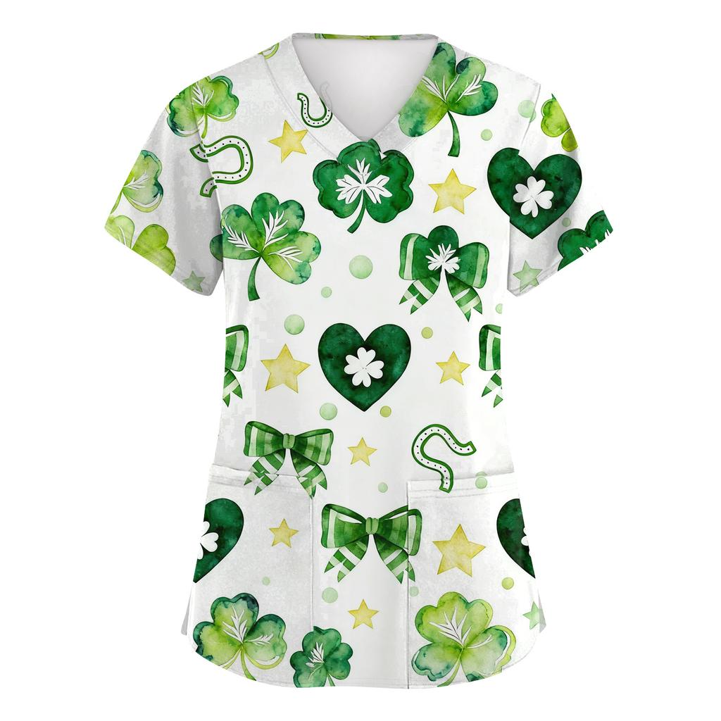 Women's Fashion Short-Sleeve Sleeve St. Patrick's Day Print V-Neck Pocket Workwear Top