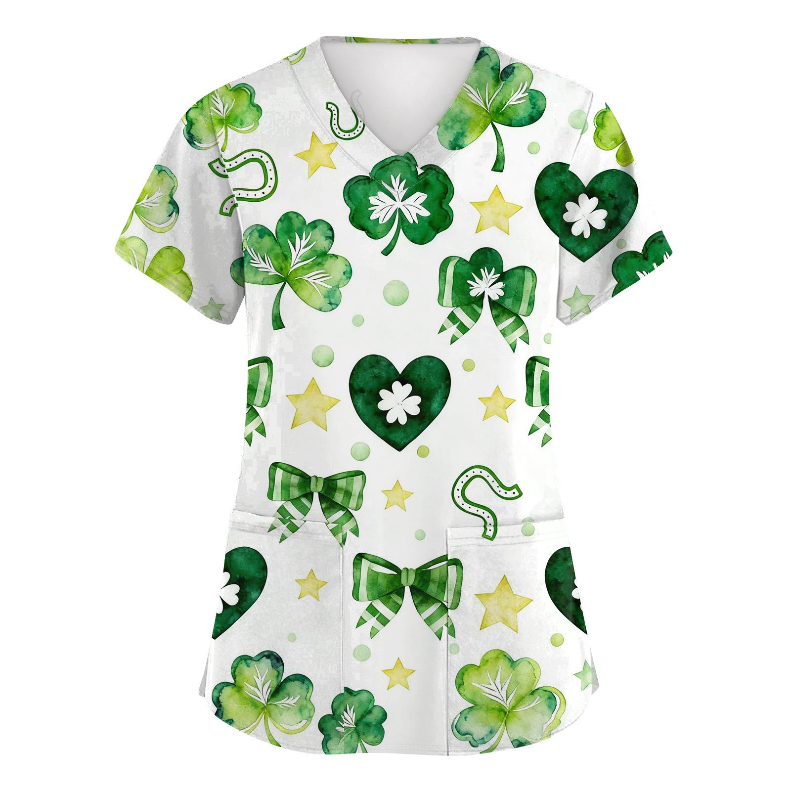 

Women s Fashion Short-Sleeve Sleeve St. Patrick s Day Print V-Neck Pocket Workwear Top XL білий