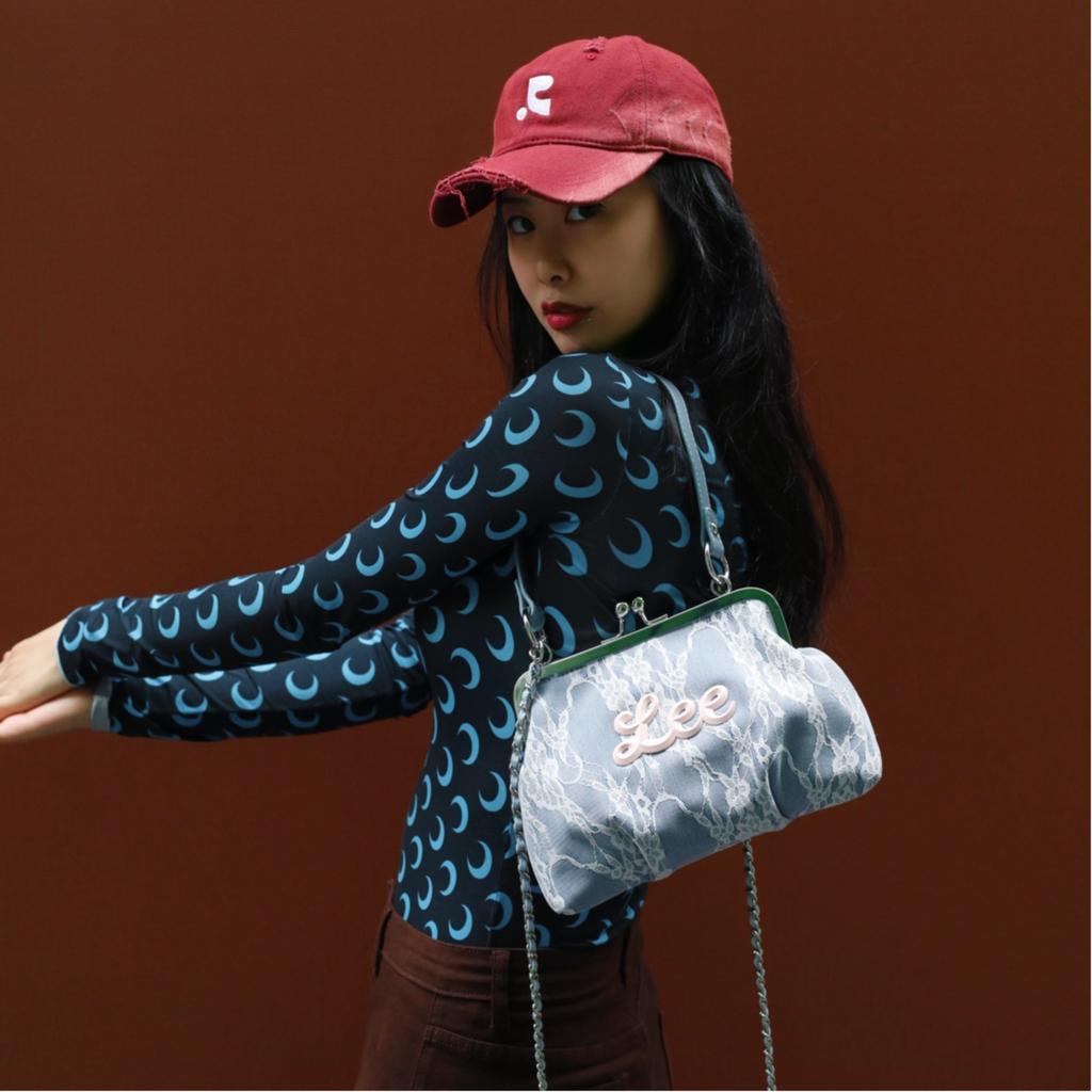 New Lee Fabric One Shoulder Handbag, Crossbody Bag Regular Women's Blue White Lace LE250032M-915