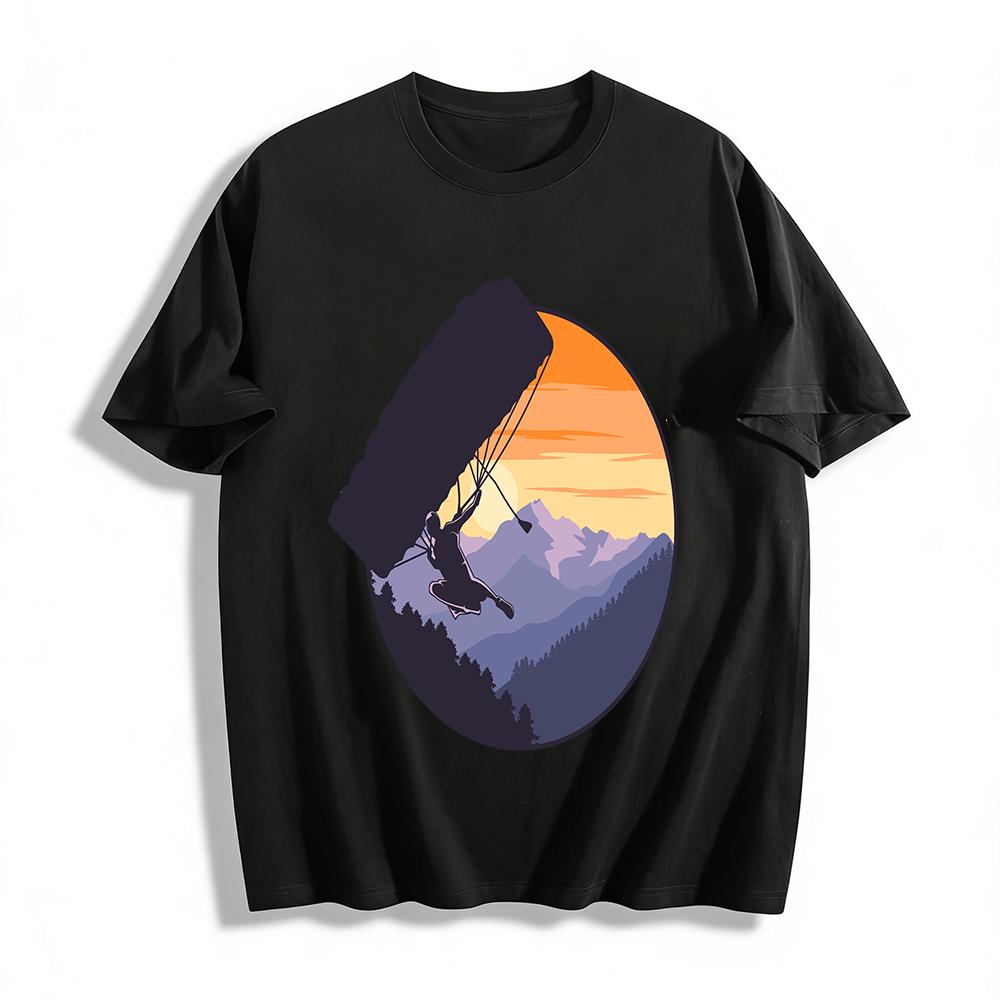 Sunset Mountain Parachuting Silhouette Outdoor Casual Print T-shirt Pure cotton T-shirt XXS