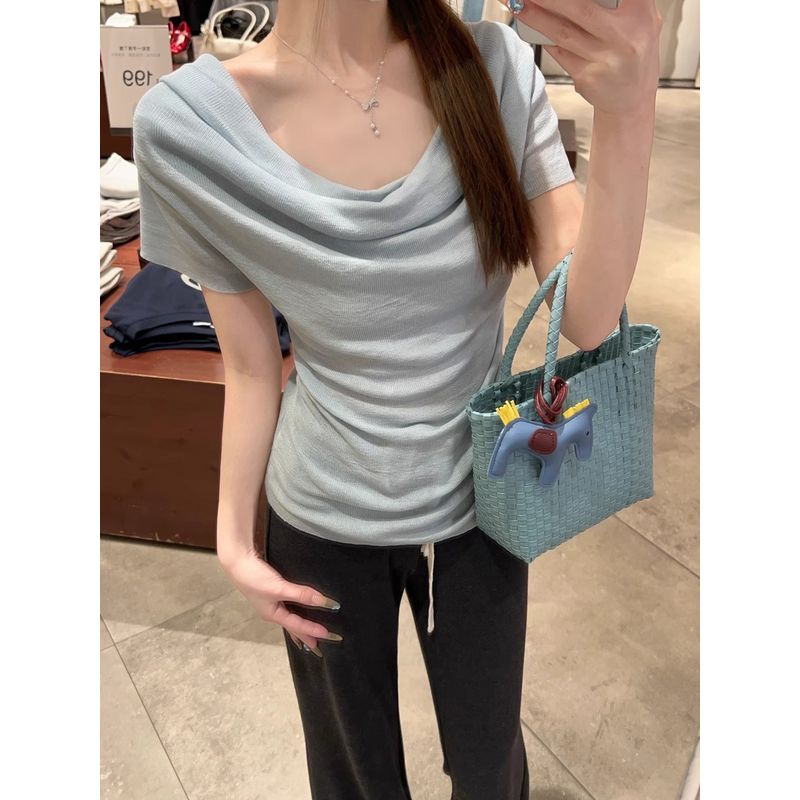 Kumikumi Gentle Wind Solid Swing Collar Knitted Short sleeve T-shirt Women Summer French style Age-Reducing Waist Hugging Slimming Top