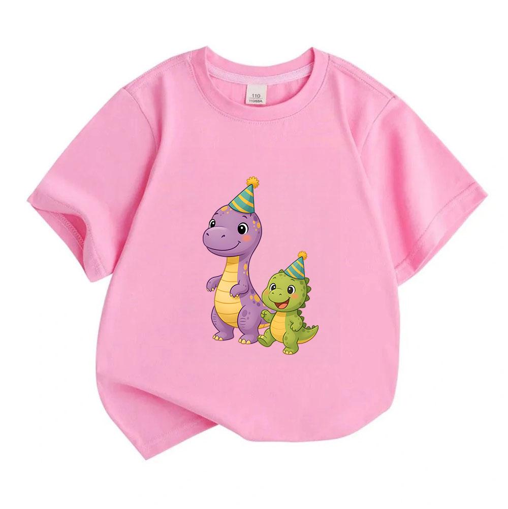 Cute Kids Boys Girls 100% Cotton Crew Neck Short Sleeve T-Shirt, Adorable Cartoon Dinosaur with Party Hats Print Casual Lightweight Tee for Children D