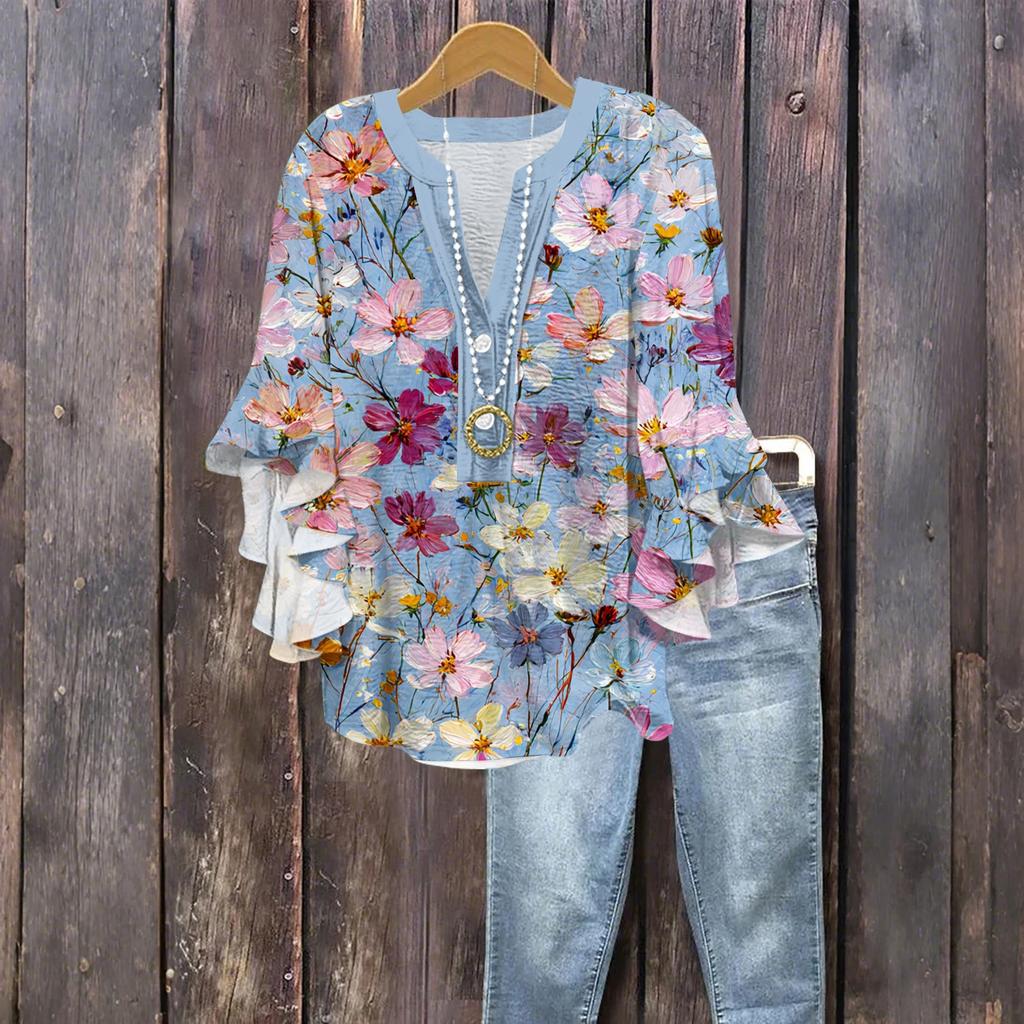 Damenmode Knopf V-Ausschnitt Rüschen Siebenärmel Bluse Geblümtes Top