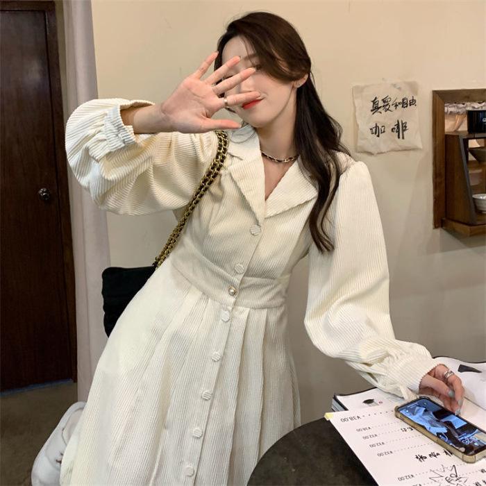 Women's spring clothing new French suit collar design can be sweet and salty medium and long skirt corduroy dress