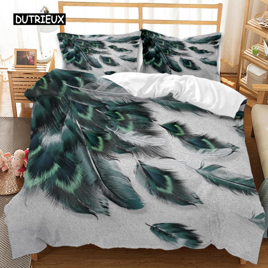 Feather Duvet Cover Vaned Types and Natal Contour Flight Bird Feathers Animal Skin Element Print King Size Polyester Qulit Cover