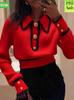 Women's Autumn/Winter Color-Block Red Knit Sweater with Lapel