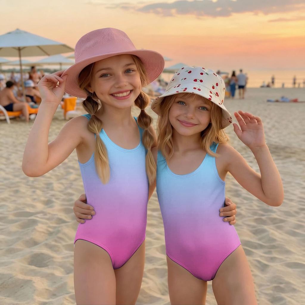 Maillot de bain une pièce pour fille Été Imprimé Dégradé Sans Manches Décontracté Maillot de bain Tenue de plage pour enfants Léger Séchage rapide