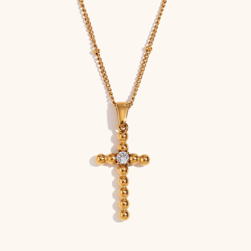18K Gold Plated Cross Pendant Necklace with Zirconia Beads for Women