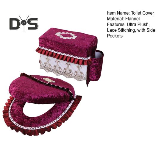 Flannel Toilet Tank Cover Ultra Plush Toilet Lid Cover with Side Pockets Lace Trim Easy Installation Warm Washable Toilet Seat Cushion