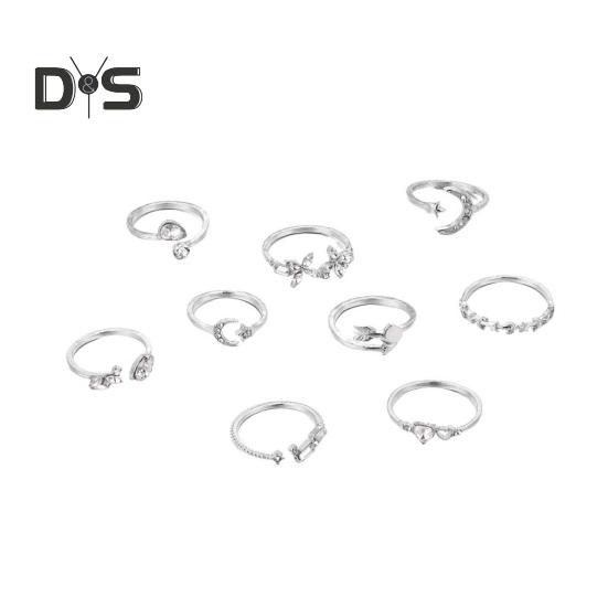 

9 шт./набор женских колец, набор из разных форм, декор из страз, звезда, луна, бабочка, сердце, регулируемые женские украшения для пальцев серебряный