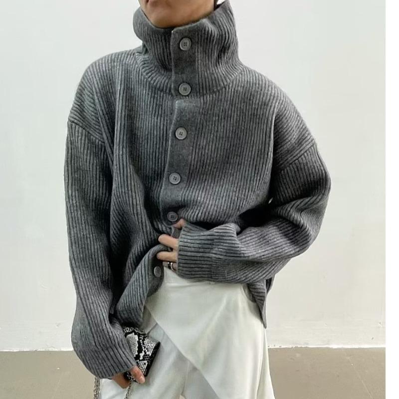 Unisex kardigan s vysokým límcem na knoflíky v korejském stylu - Módní svetr-bunda na jaro/podzim