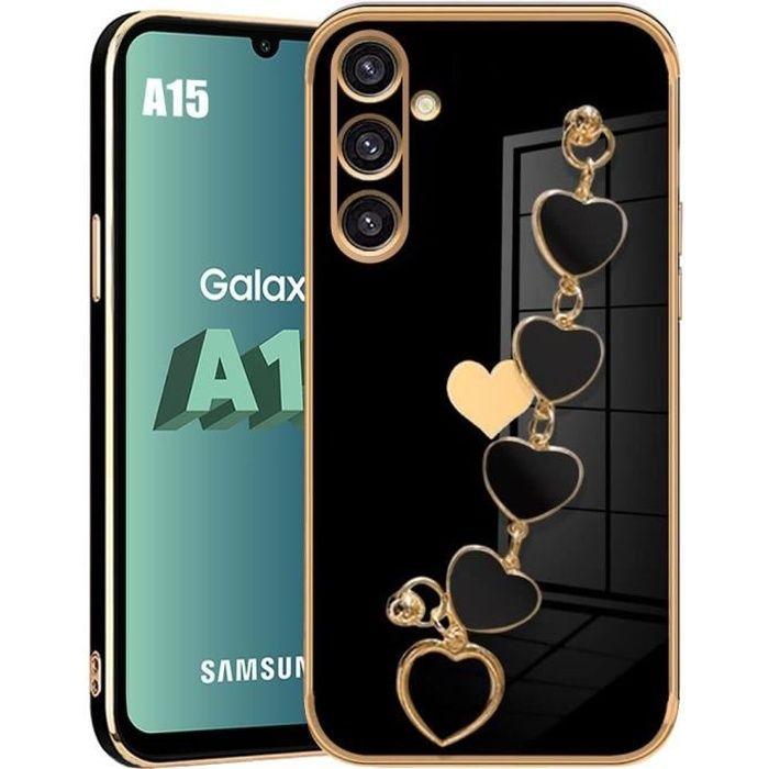 Coque pour Samsung Galaxy A15 4G-5G - Noir - Silicone Antichoc - Bracelet Cœur - Design Tendance