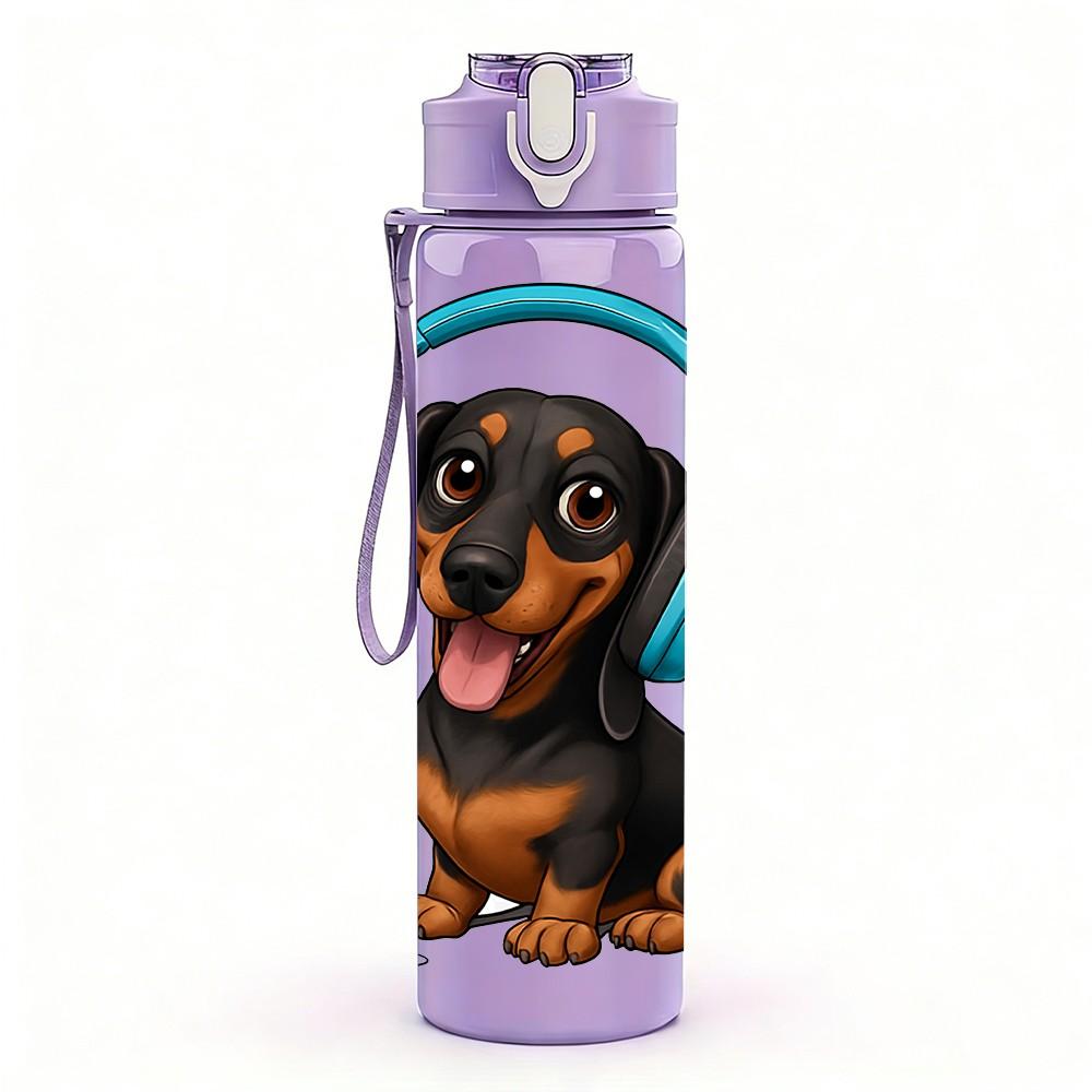 1PC Dachshund Dog Wearing Headphone Print 750ml Color Plastic Sports Water Bottle Leakproof Flip Straw Lid Suitable for Sports Office Home Use