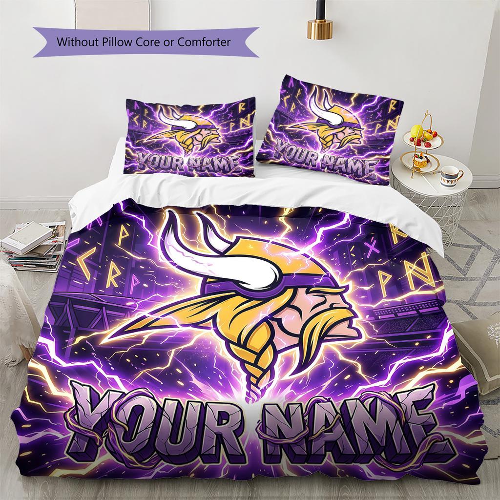 Benutzerdefinierter Name Minnesota Vikings 3 Muster Bettwäsche Steppdecke Set Heimdekoration Geschenk (1 Bettbezug + 2 Kissenbezüge (ohne Füllung))