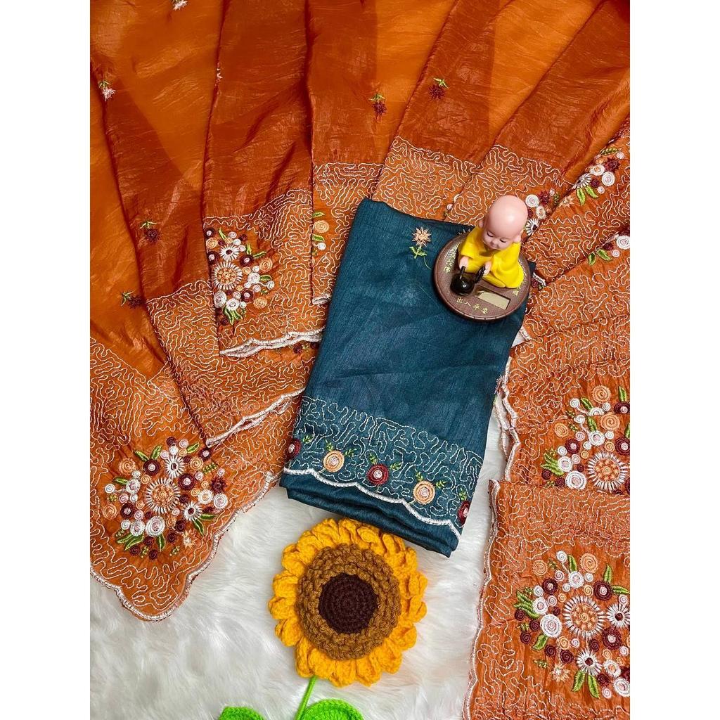 Premium  Paper Crush silk sarees with Multi thread embroidery work with sequence, Blouse (Need To Be Stitched As Per Size And Fit)