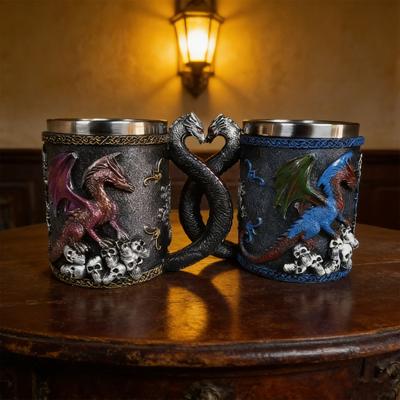 Kopp Mugg 420ml Stor Kapacitet Drakformad Kaffemugg med 304 Rostfritt Stål Innertank Harts Yttersida Medeltida Tema Dryckesvaror