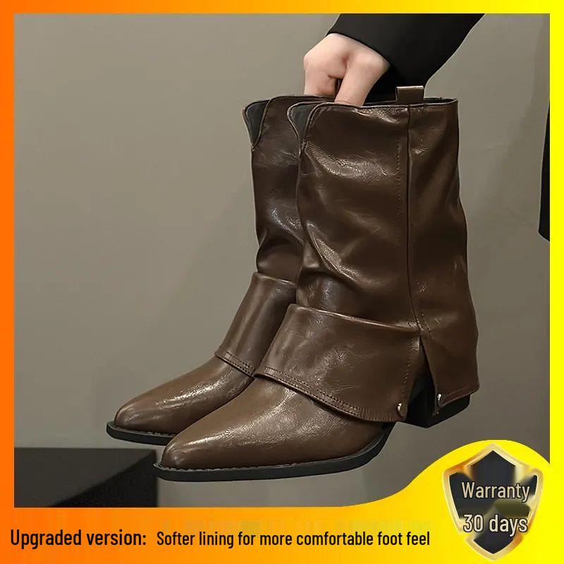 

Женские ковбойские ботинки на массивном каблуке, увеличивающие рост, с острым носком - Черные короткие ботинки на весну и осень 2025 года 38